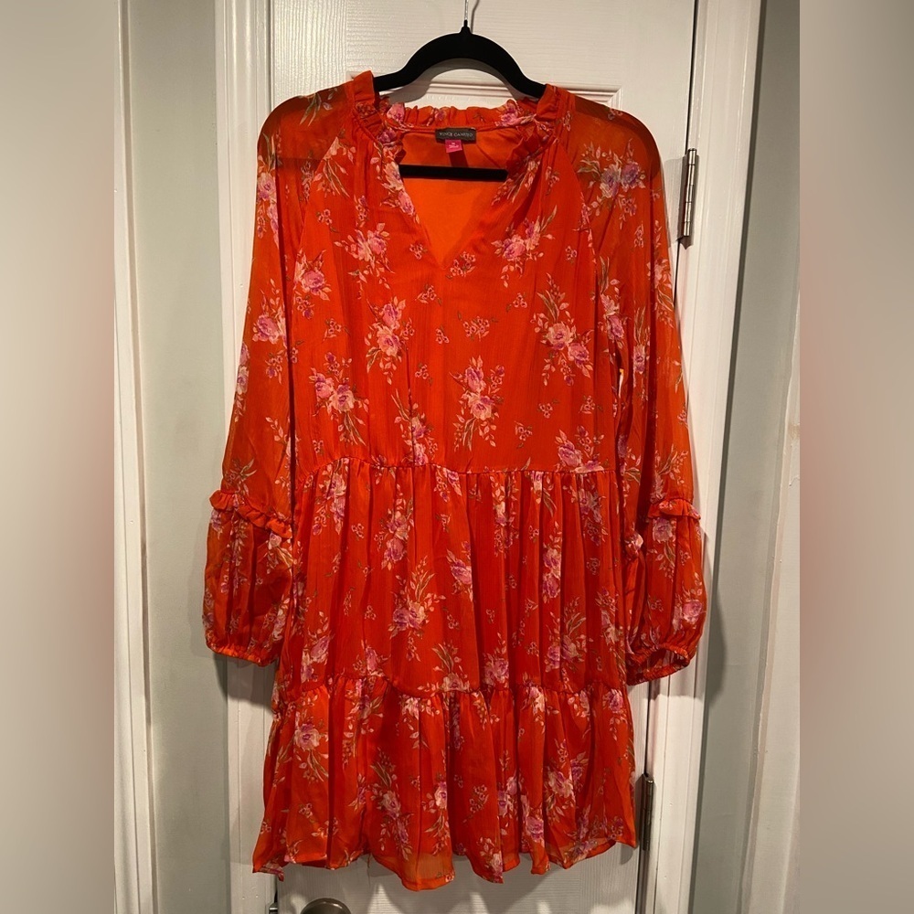 NWT Vince Camuto Size M Orange Floral Ruffle Flowy Long Sleeve Sheer Mini Dress